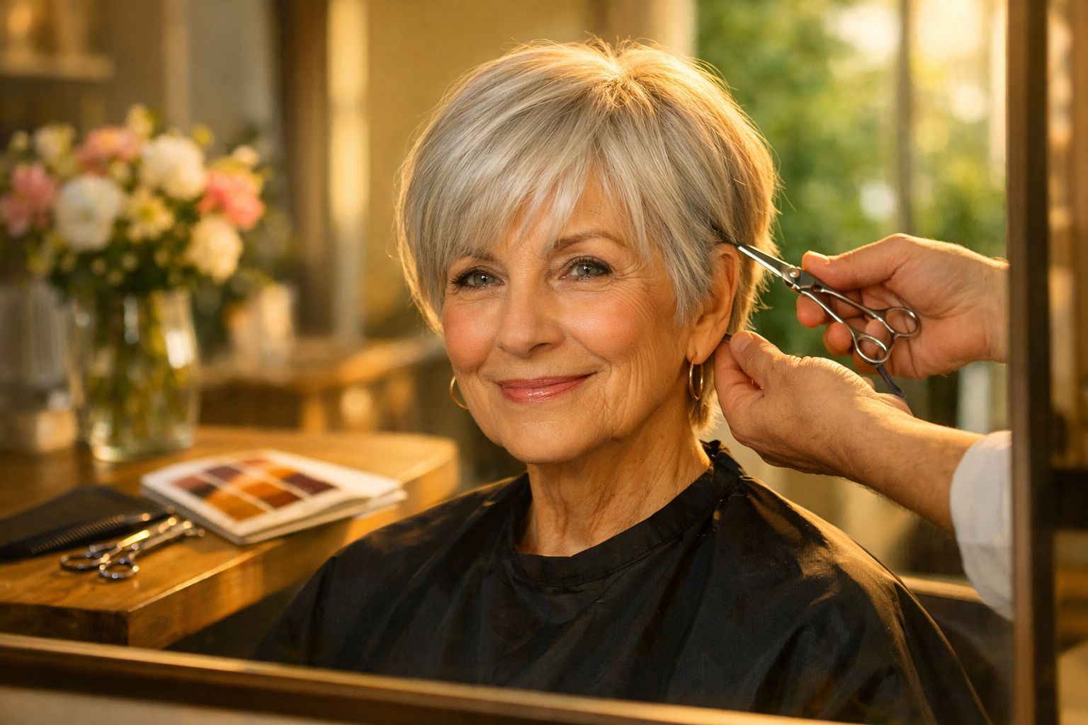 Mulher sorridente com cabelo curto a ser penteado num salão, com plantas e espelho ao fundo.
