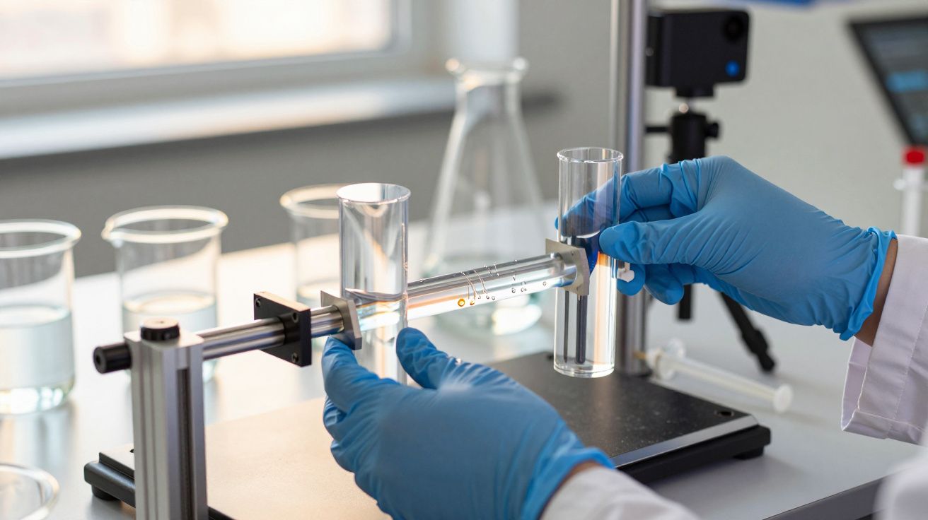 Mãos com luvas azuis medindo um copo de vidro num laboratório com instrumentos de medição e tubos de ensaio ao fundo.