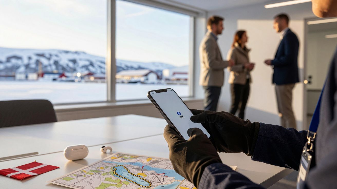 Pessoa com luvas usa smartphone numa mesa com mapa e bandeira dinamarquesa; ao fundo, três pessoas conversam.