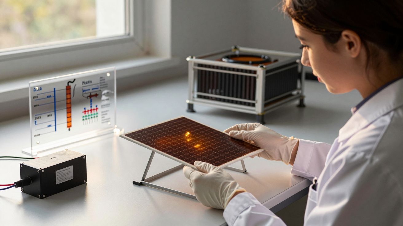 Mulher com luvas analisa um painel solar em laboratório, com diagrama e equipamento científico ao fundo.