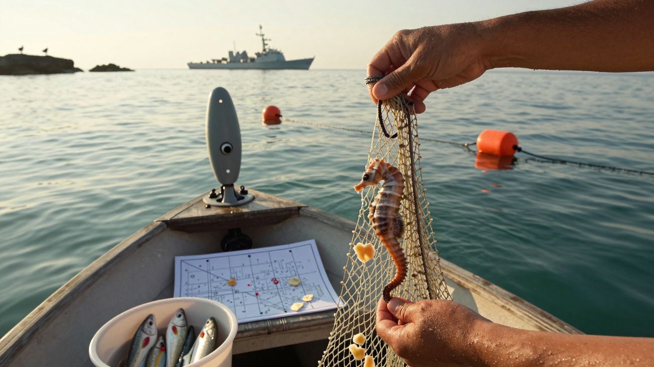 Mãos seguram rede com cavalo-marinho num barco, mar ao fundo com boias laranja e navio ao longe.