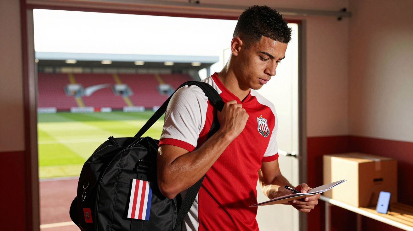 Jovem jogador de futebol vestido de uniforme vermelho e branco entra em estádio, carregando mochila e olhando papéis.