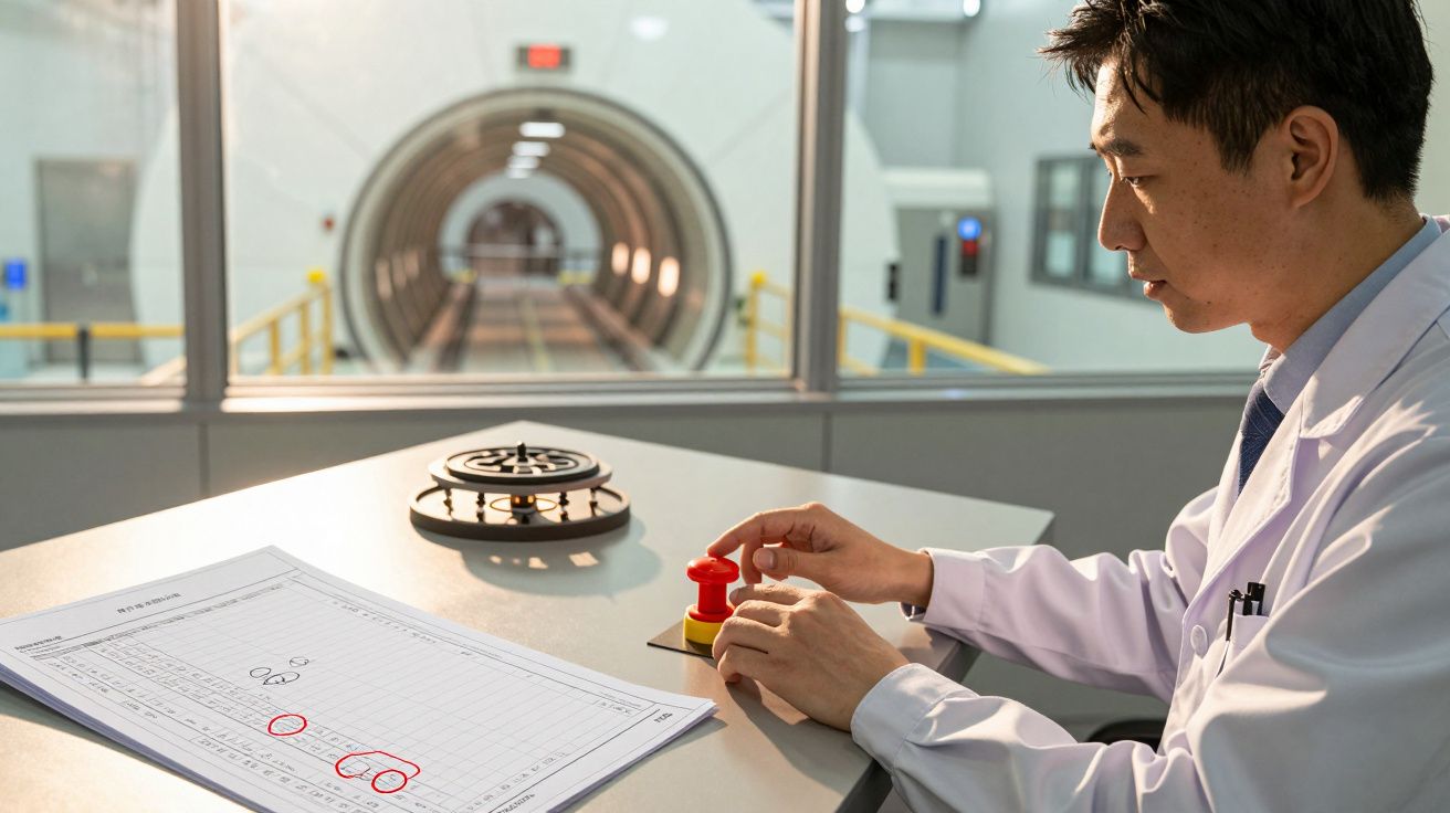 Homem de branco num laboratório, pronto para pressionar um botão vermelho, com equipamento técnico à frente e túnel ao fundo.
