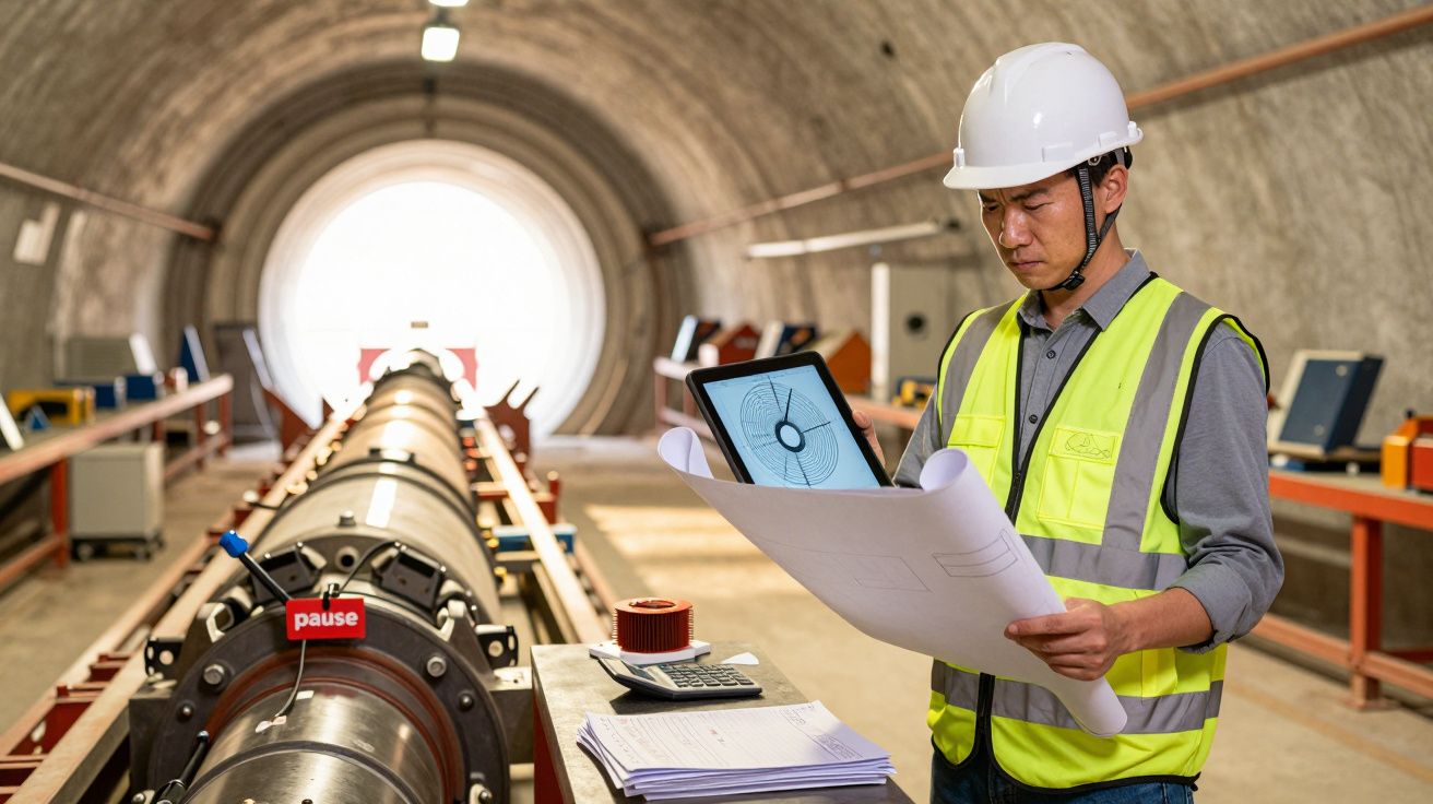Engenheiro com capacete e colete refletor inspeciona planos em túnel industrial com equipamento técnico à sua volta.