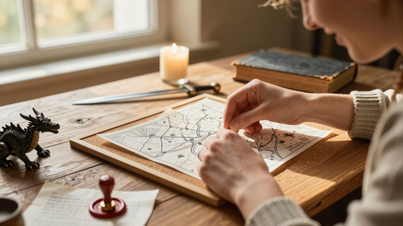 Pessoa analisando um mapa ao lado de vela acesa, espada, livro antigo e figura de dragão numa mesa de madeira.