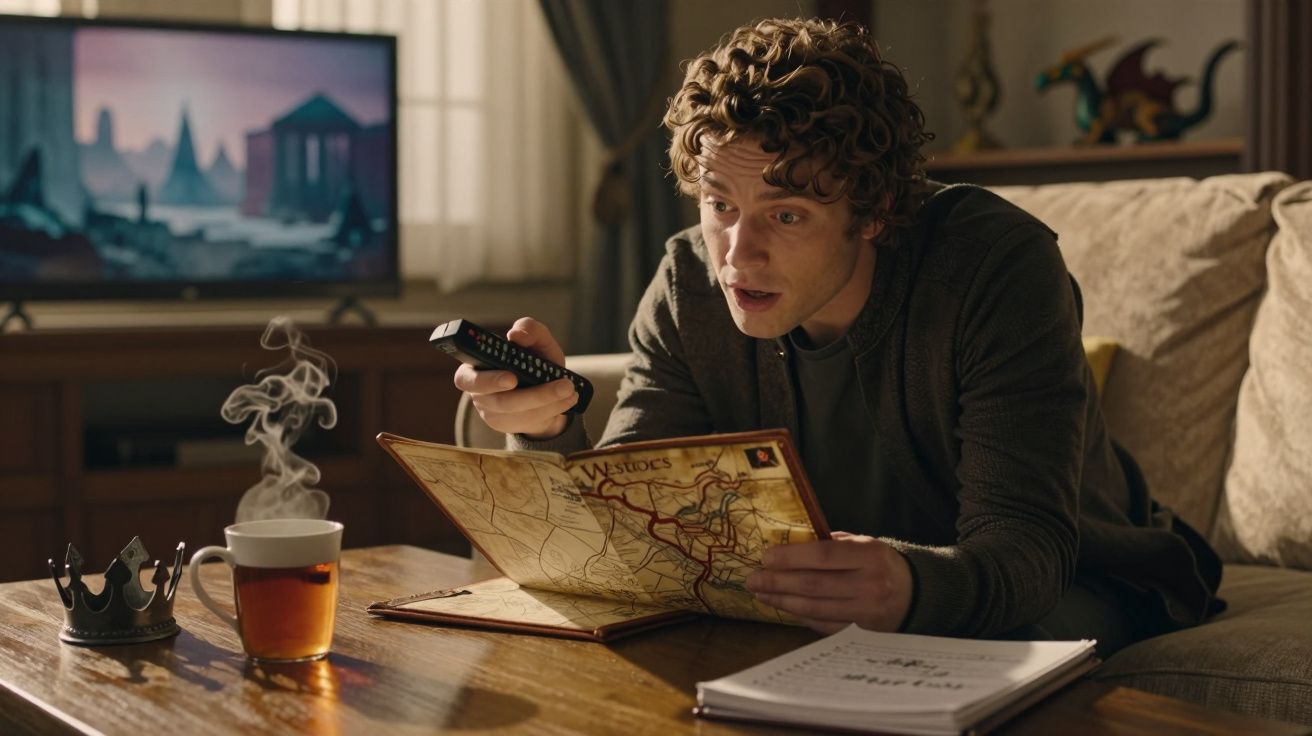 Homem sentado no sofá, olhando para um mapa, com comando de TV na mão e chá na mesa. TV mostra cena de fantasia.