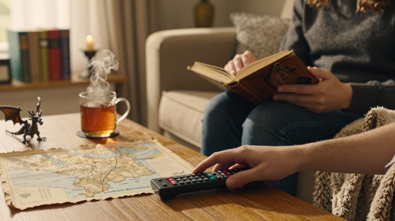 Pessoa a ler no sofá com chá, mapa e comando-TV na mesa.