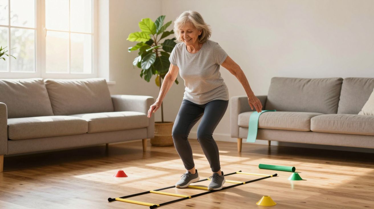 Mulher idosa a fazer exercícios de agilidade numa sala de estar, com cones e uma escada de agilidade no chão.