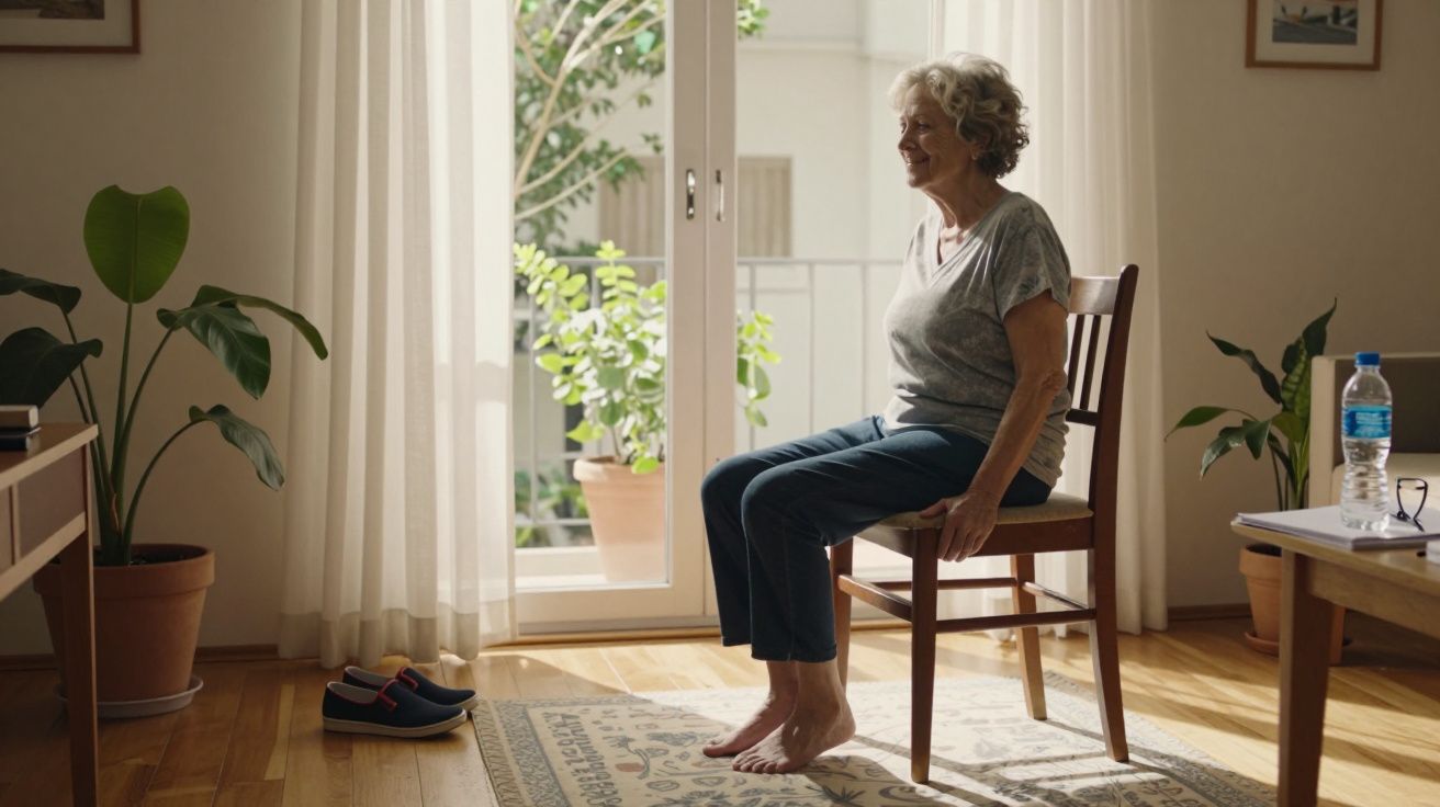 Mulher idosa sentada numa cadeira, numa sala iluminada pelo sol, com plantas ao fundo e garrafa de água sobre a mesa.