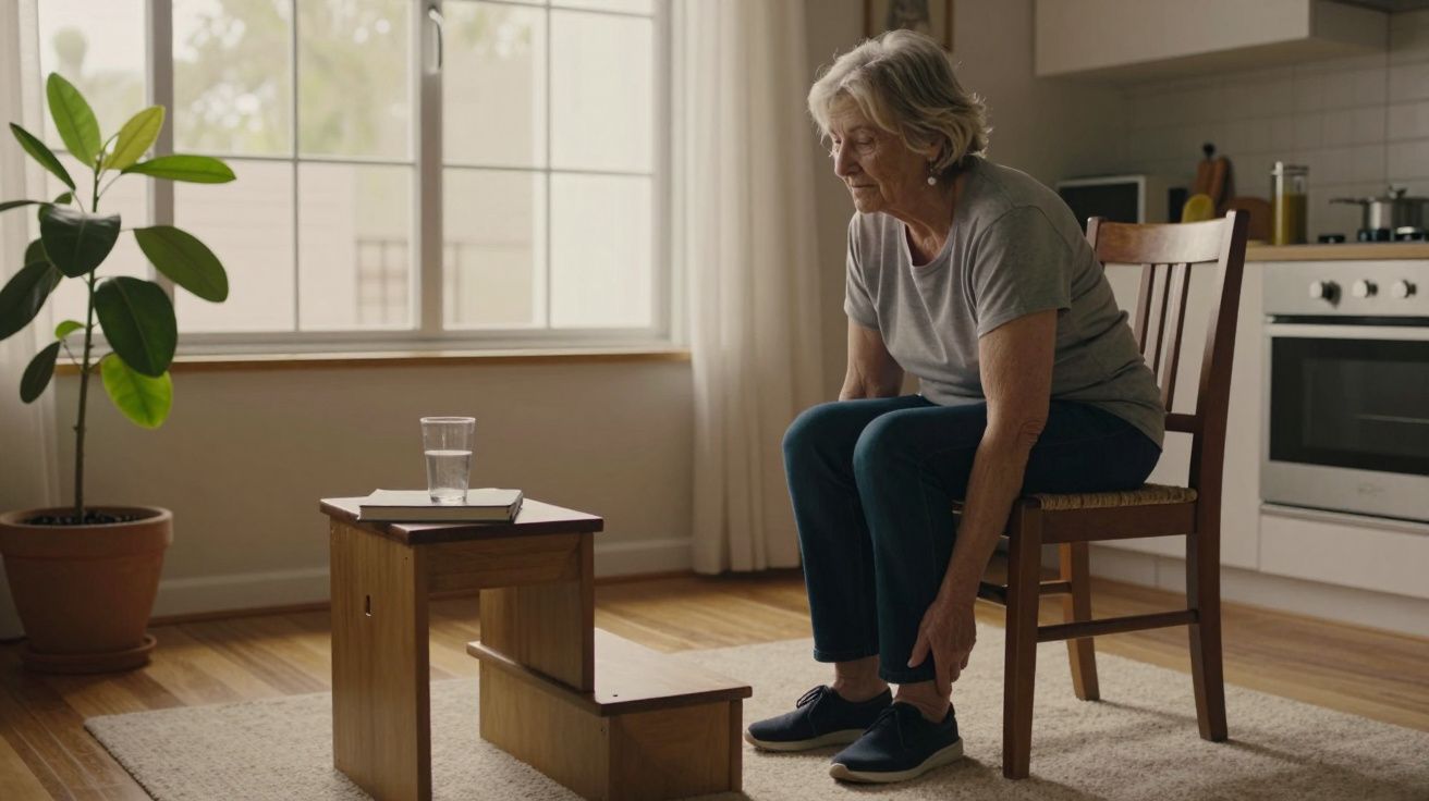 Mulher idosa sentada numa cadeira numa cozinha, ajustando o sapato, com uma mesa pequena e um copo de água à frente.