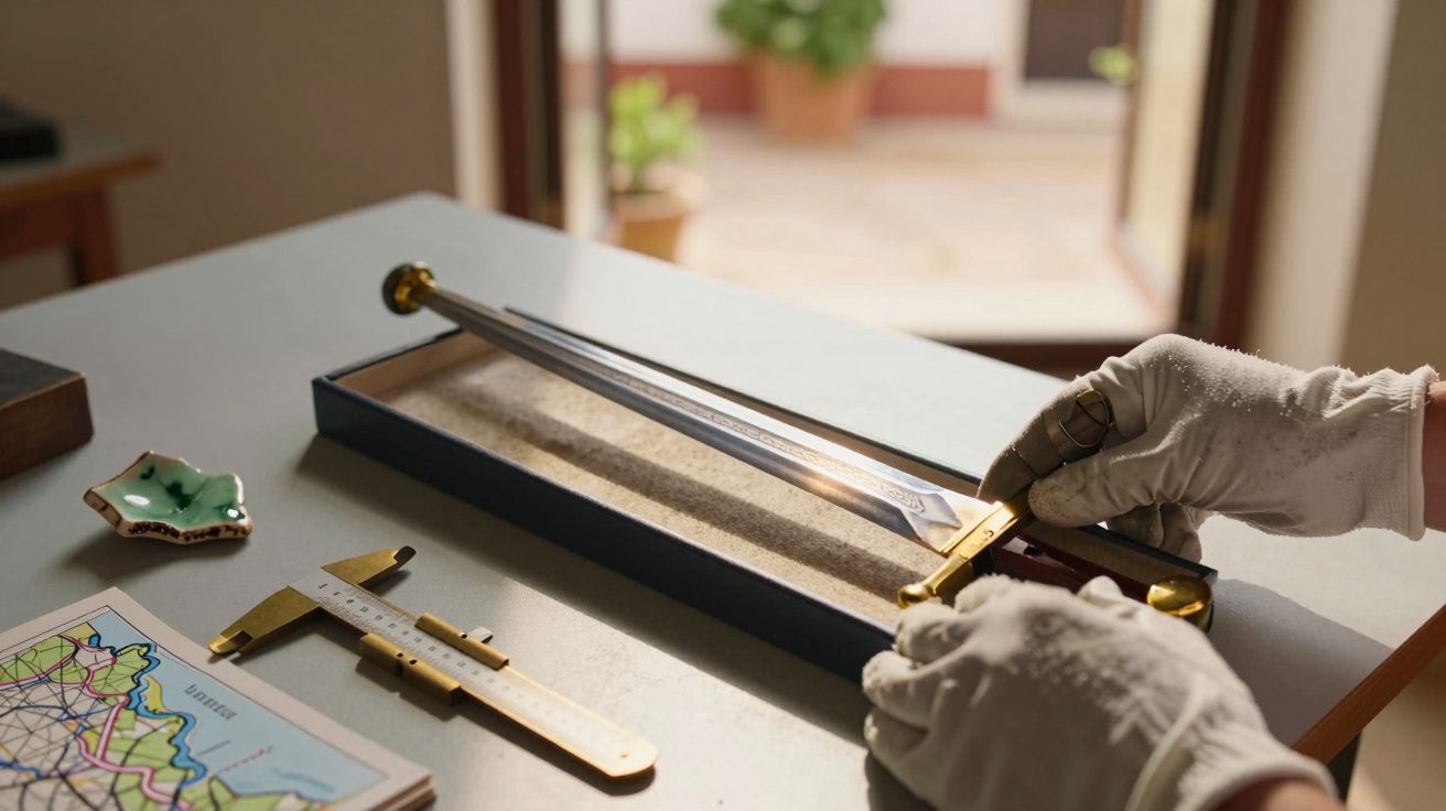 Mãos com luvas manuseiam uma espada numa caixa sobre uma mesa com mapa e régua.