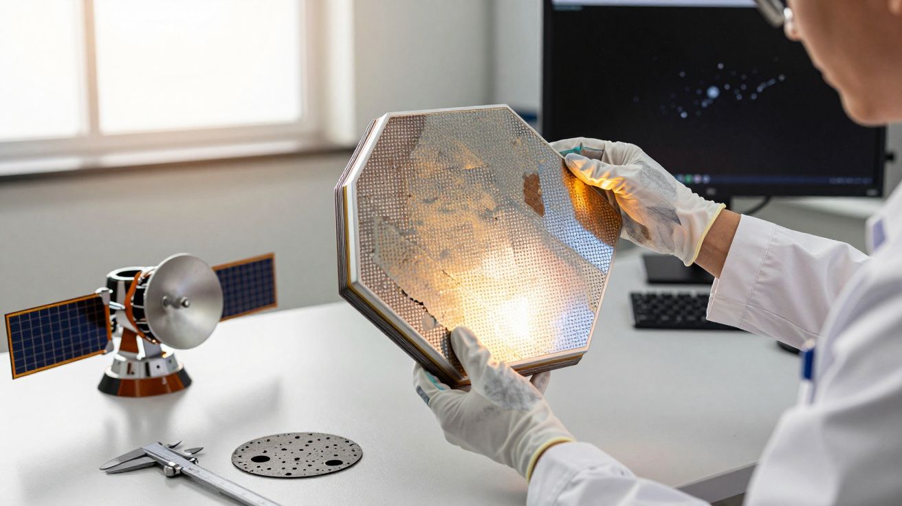 Cientista analisa painel hexagonal em laboratório, com protótipo de satélite e computador ao fundo.