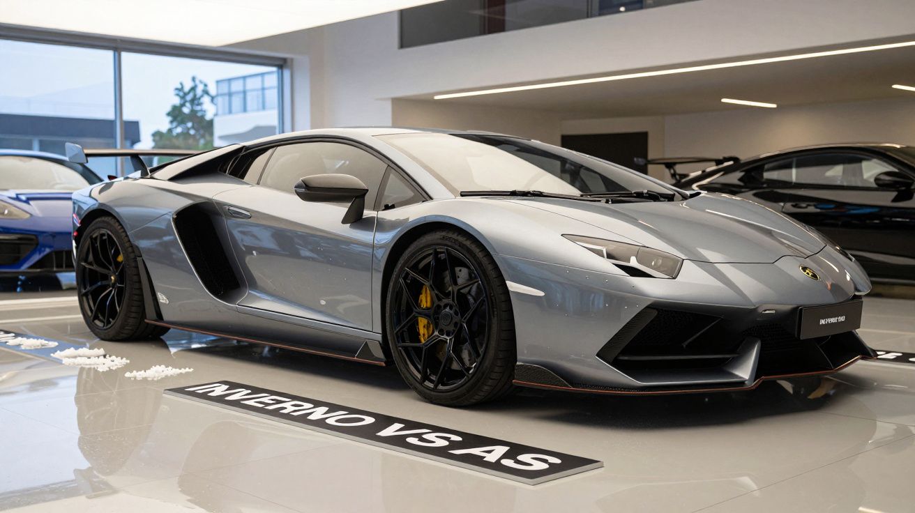 Carro desportivo cinza prateado em exposição num showroom moderno, de perfil.