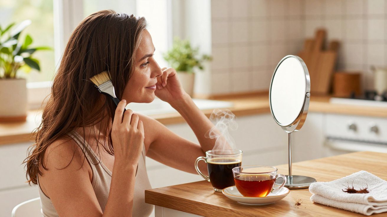 Mulher sorrindo aplica tinta no cabelo em cozinha, com chá e café ao lado de espelho redondo.