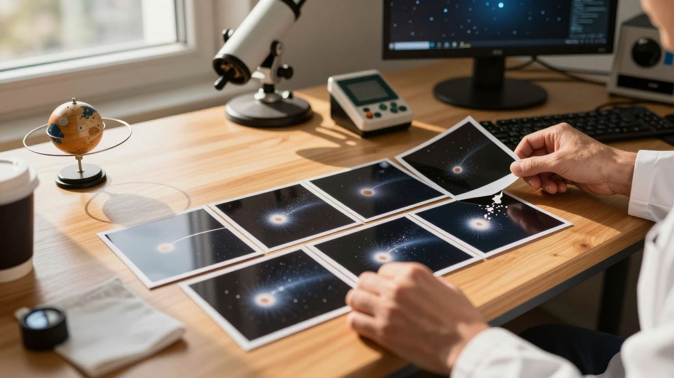 Pessoa analisando fotos de planetas no espaço numa mesa com computador, telescópio e modelo de planeta.
