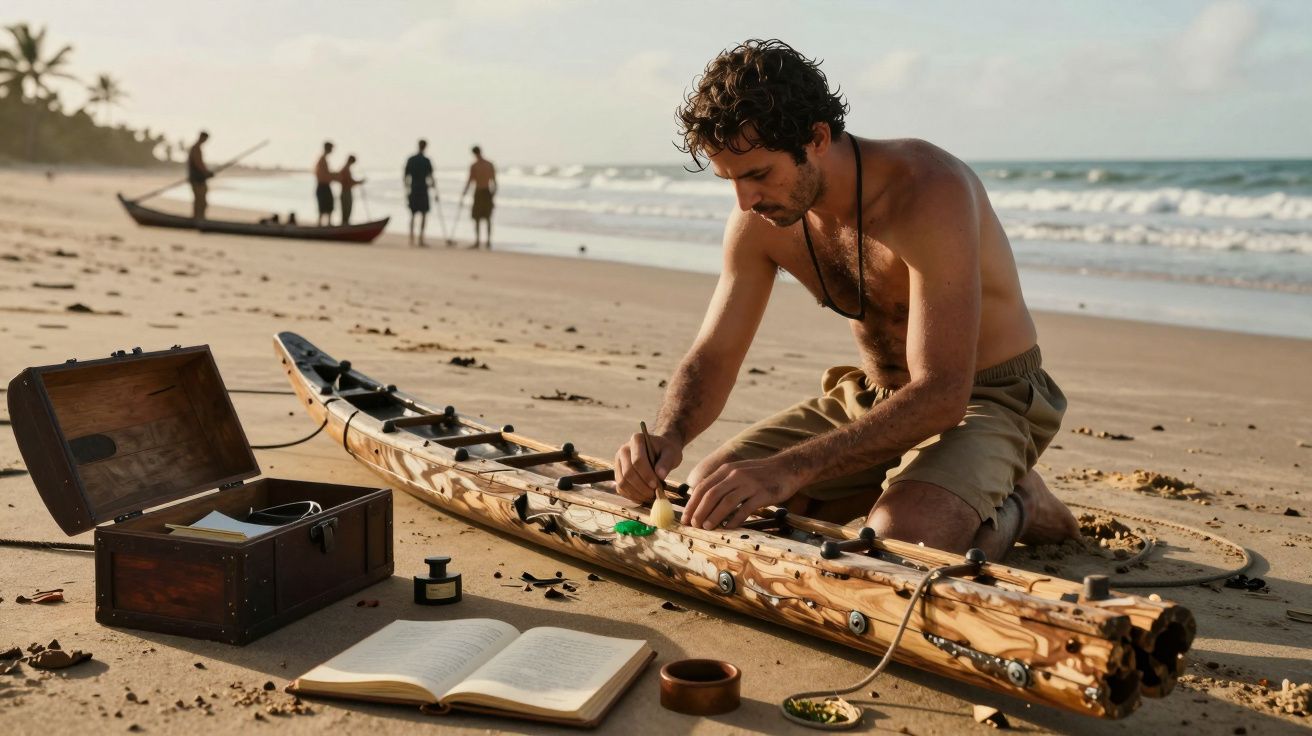 Homem sentado na areia decorando um caiaque de madeira, com caderno e baú ao lado, ao pôr do sol na praia.