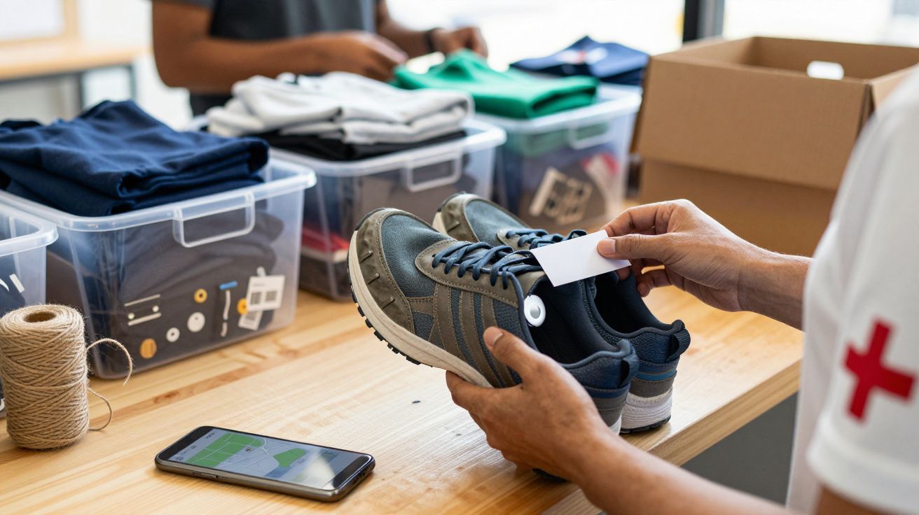 Pessoa rotula ténis numa mesa com roupa e smartphone próximos.