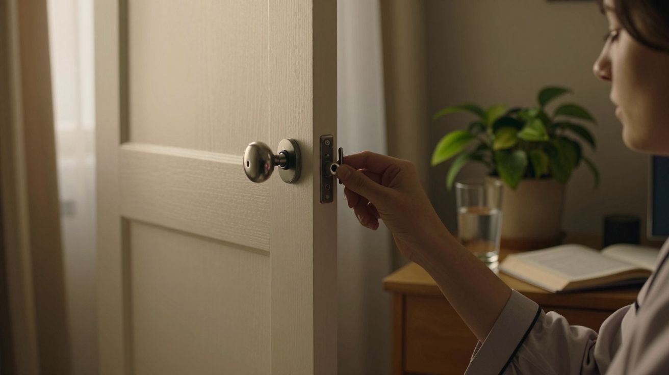 Pessoa a trancar uma porta branca num quarto iluminado com mesa, planta e caderno ao fundo.