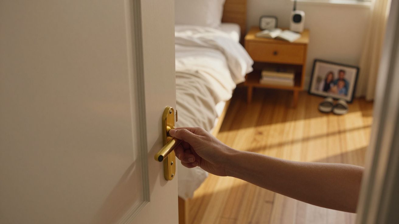 Mão a abrir porta branca para quarto iluminado, com cama, mesa de cabeceira e moldura com foto.
