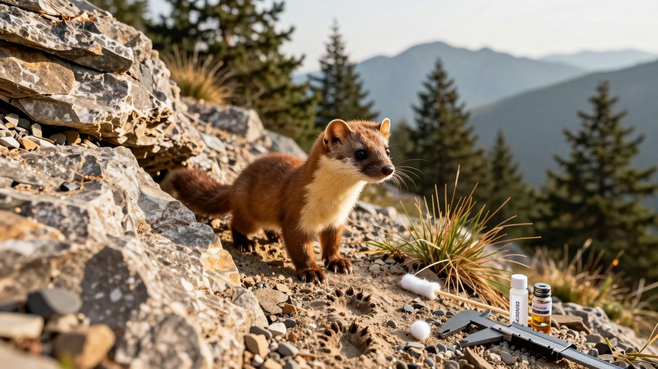 Doninha de pé em terreno rochoso, rodeada de árvores e material de medição científica ao ar livre.