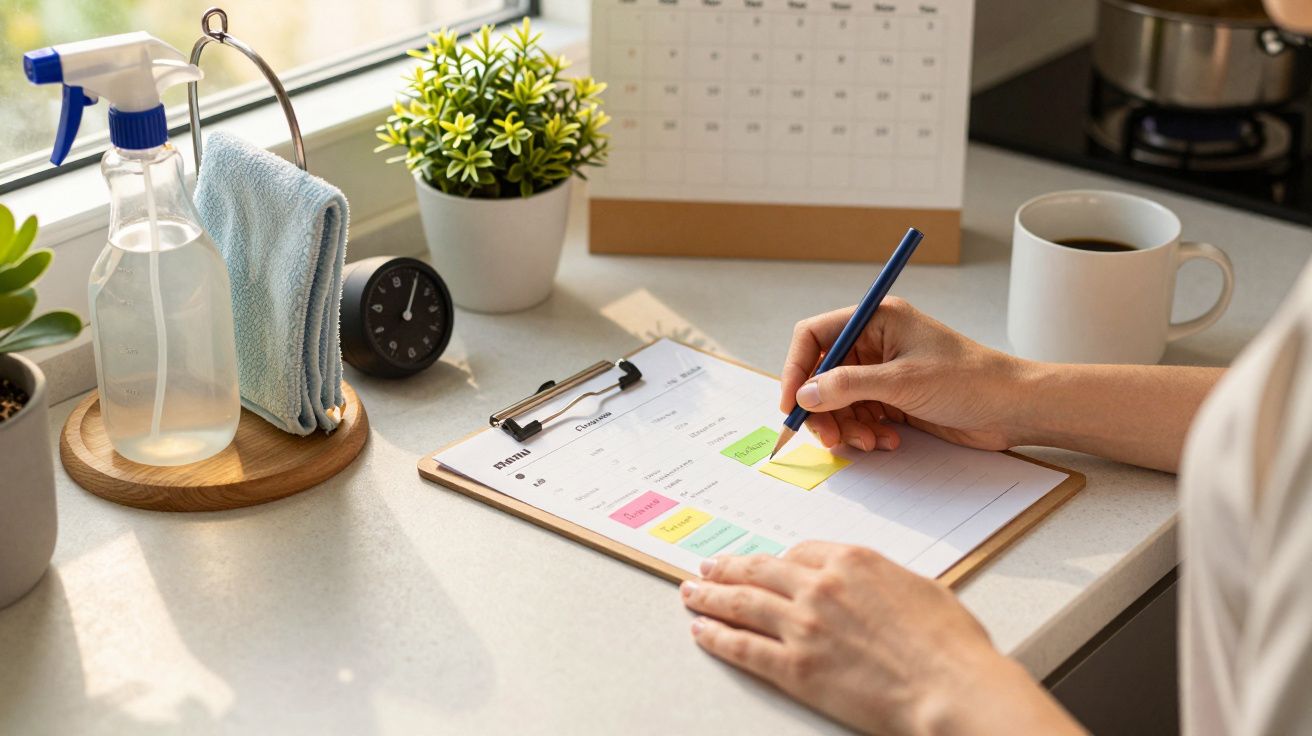 Pessoa organiza agenda com post-its, numa cozinha com planta, borrifador e chávena de café ao lado.