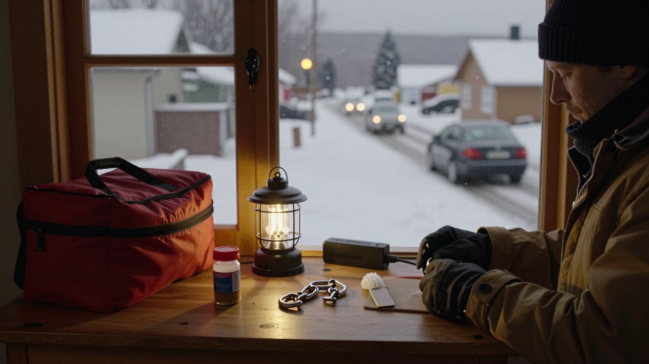 Homem em mesa com lanterna e ferramentas, olhando pela janela numa aldeia nevada ao entardecer.