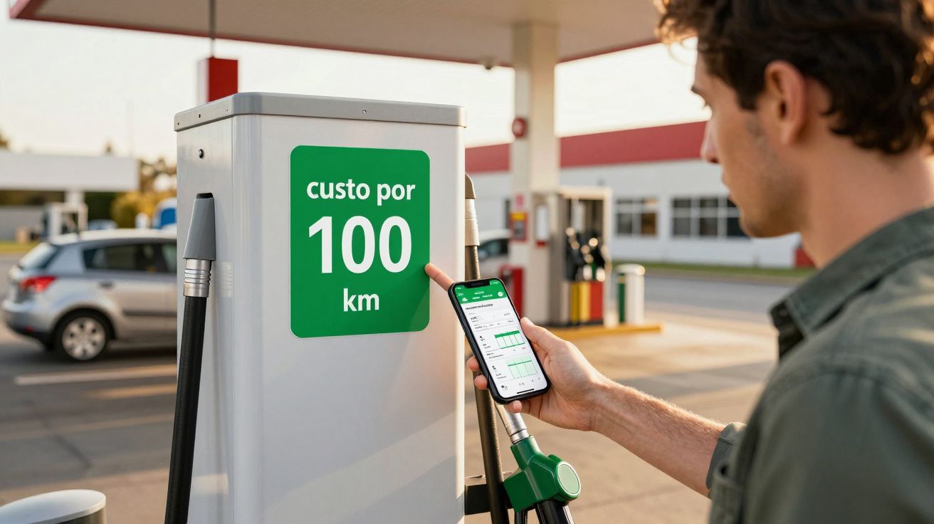 Homem usando smartphone junto a bomba de gasolina com cartaz "custo por 100 km". Carro ao fundo.