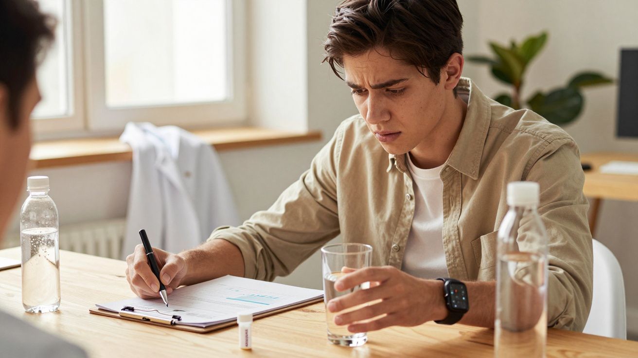 Homem sentado à mesa, segurando um copo de água e escrevendo num bloco de notas, num ambiente de escritório claro.
