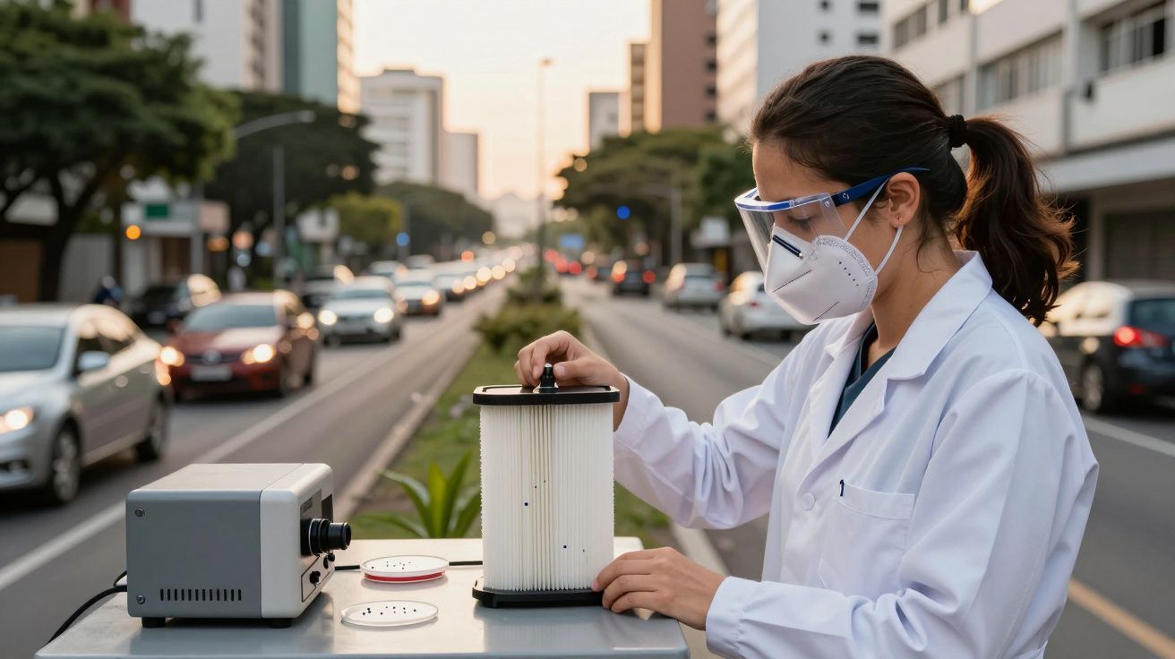 Cientista de máscara recolhe amostra do ar numa rua movimentada, cercada de carros e prédios altos.