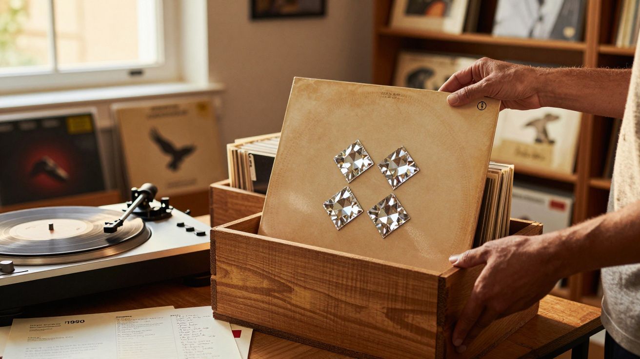 Homem segurando capa de álbum de vinil com design de cristais, ao lado de gira-discos numa sala de música.