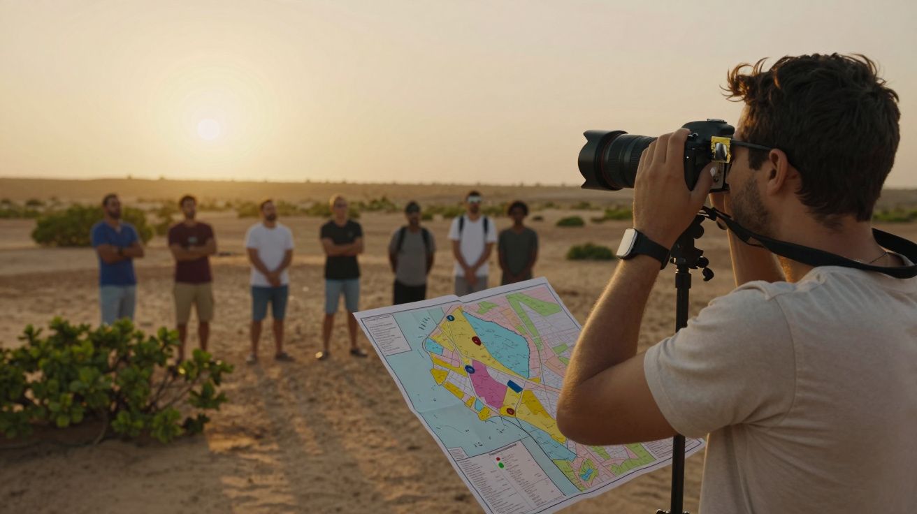 Homem fotografa grupo de pessoas no deserto ao pôr do sol, segurando mapa colorido.
