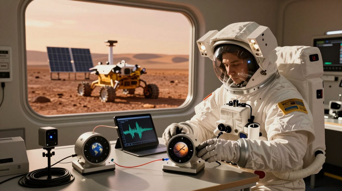 Astronauta num laboratório em Marte, trabalhando com equipamentos e um rover visível através da janela.
