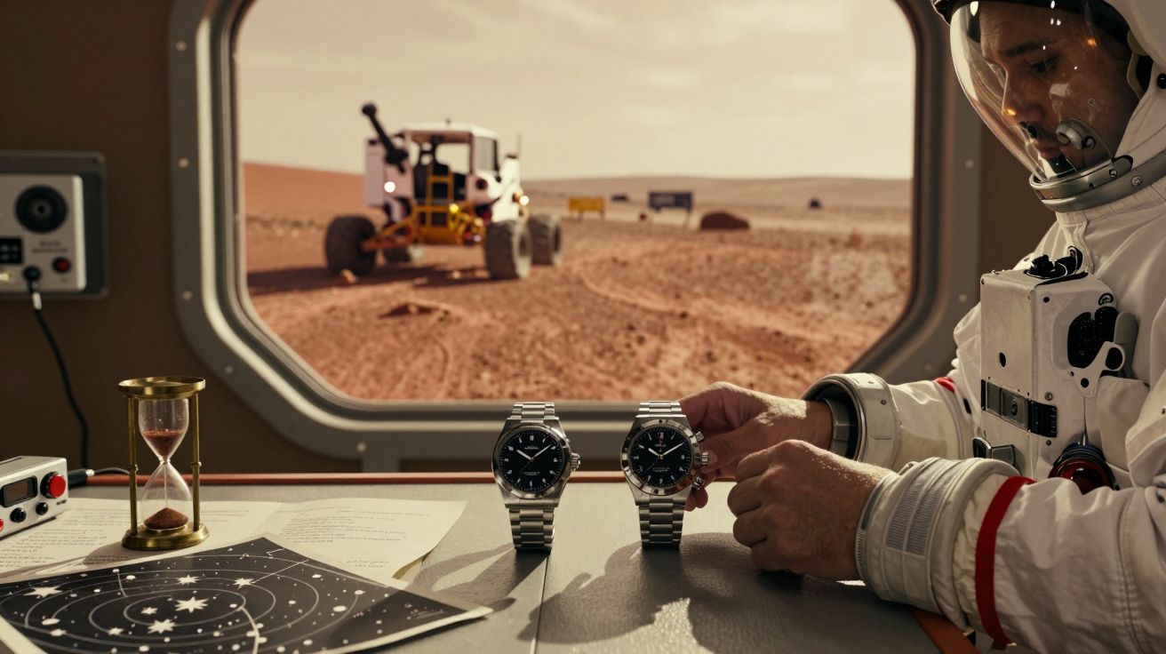 Astronauta na nave observa relógios com veículo espacial no deserto ao fundo. Ampulheta e cartas na mesa.