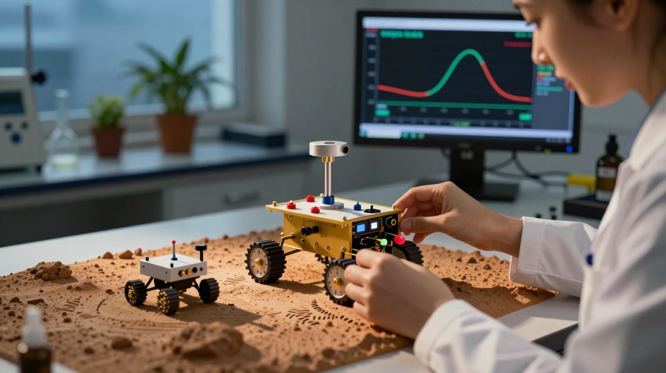 Cientista controla robôs em solo arenoso, com gráfico no ecrã ao fundo.