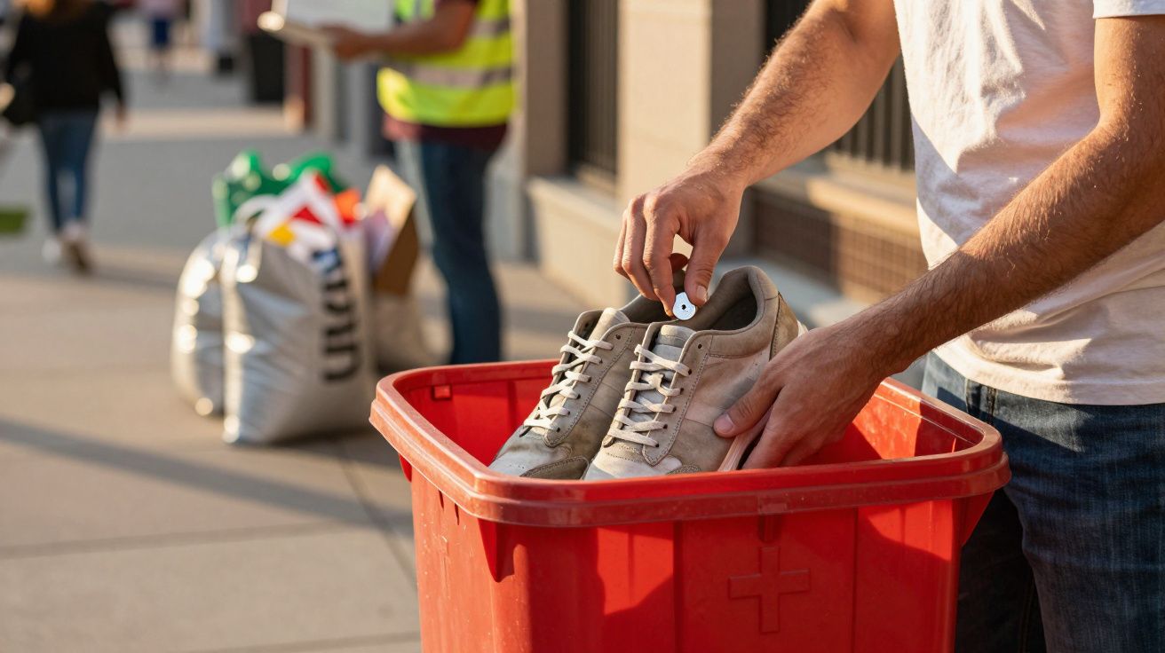 Pessoa a colocar ténis num contentor vermelho de doação na rua; no fundo, outra pessoa com saco de roupas.