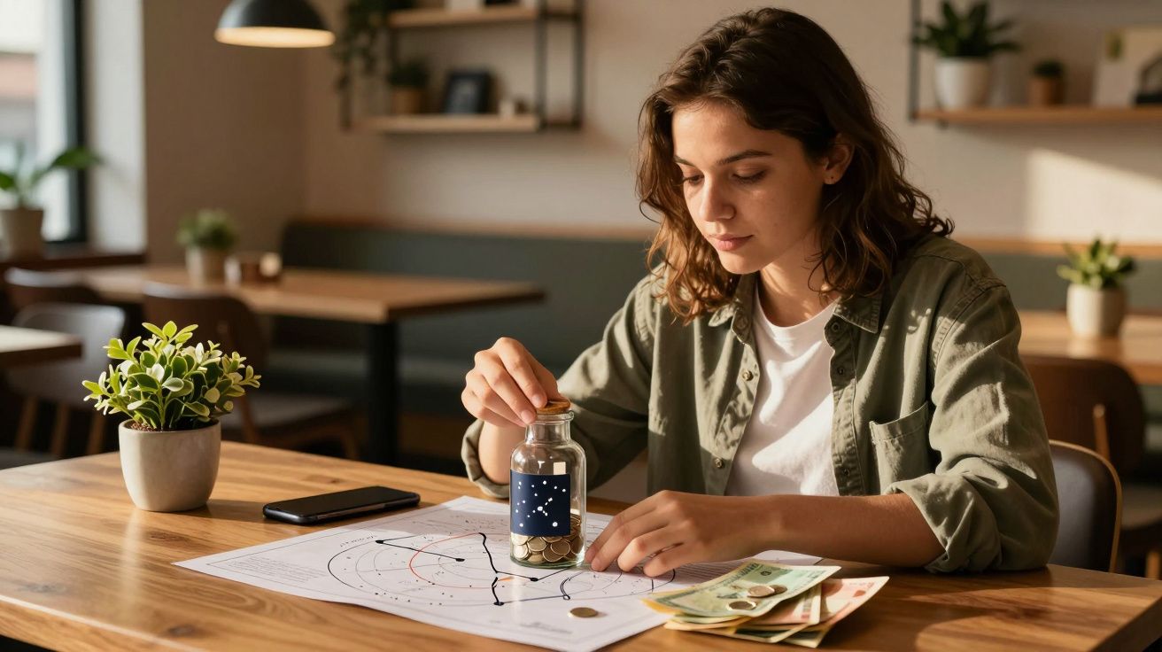 Mulher coloca moedas num frasco sobre mesa, com mapa, notas e planta ao lado, numa sala iluminada e moderna.