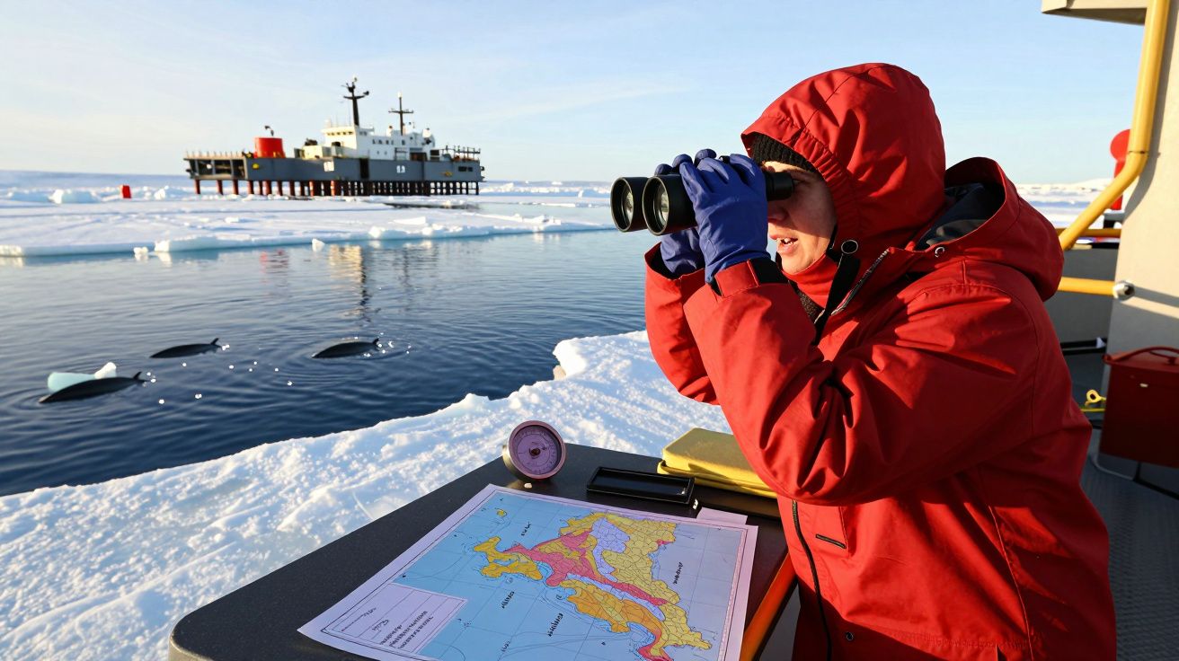 Pessoa de vermelho observa com binóculos em ambiente gelado; barco e baleias à distância. Mapa no primeiro plano.