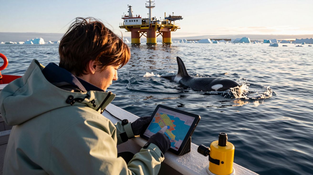 Pessoa num barco com tablet, orca na água e plataforma petrolífera ao fundo em ambiente ártico.