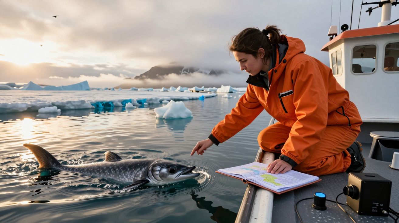 Cientista de fato laranja toca um peixe no mar Ártico, cercado por gelo e icebergues, com um livro ao lado.