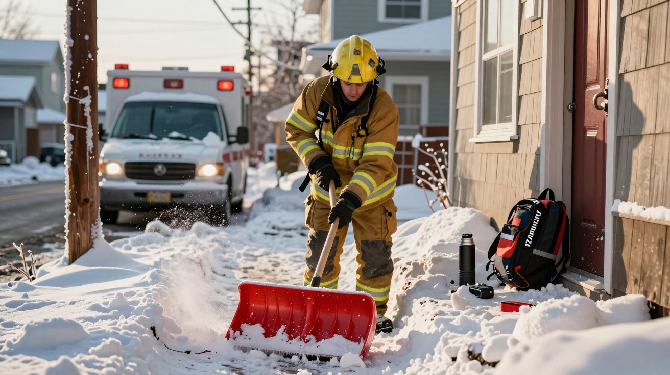 Bombeiro remove neve com pá vermelha em frente a casa, ambulância ao fundo na rua.