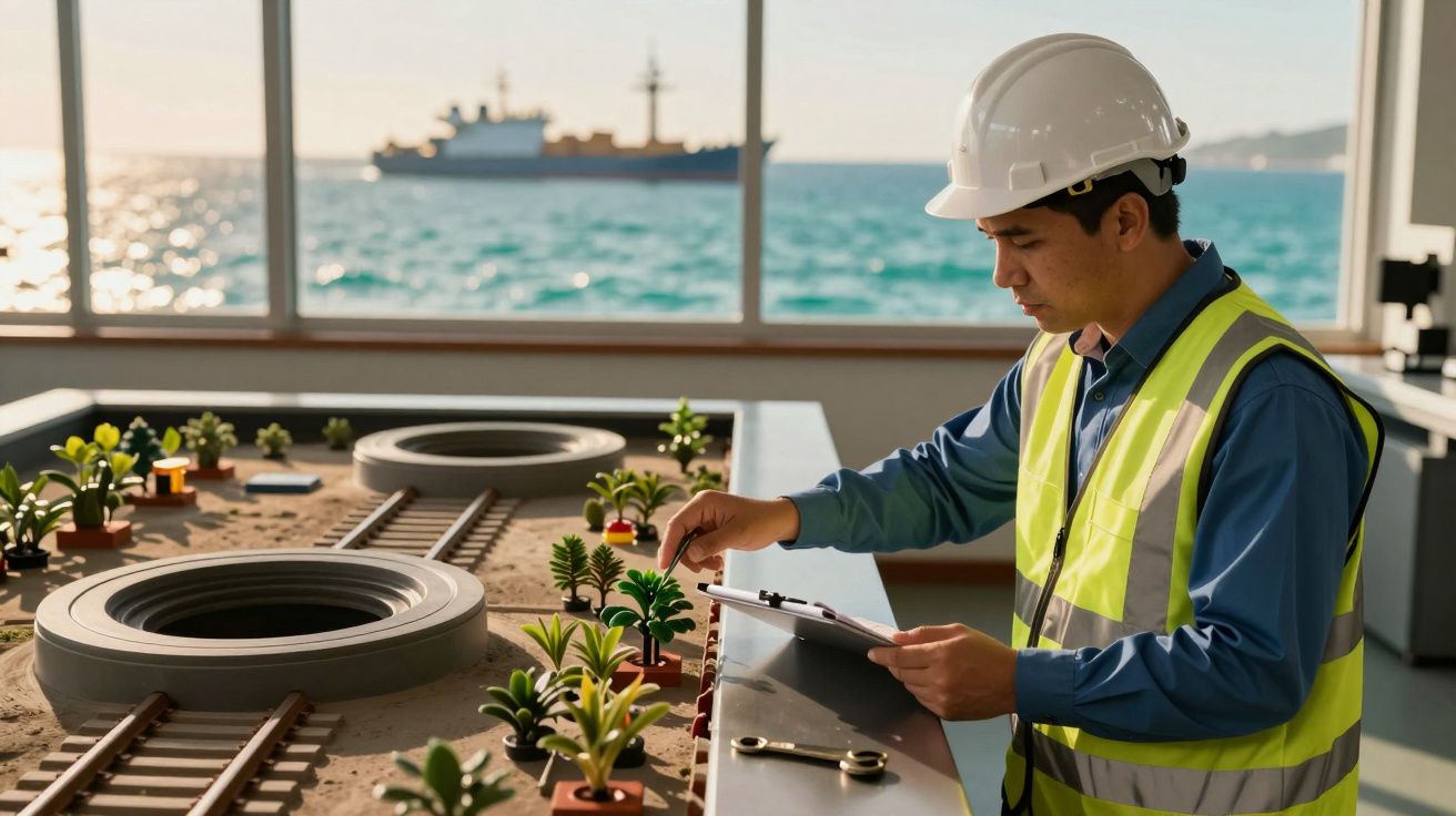 Homem de capacete e colete refletor analisa modelo com plantas e tubos, tendo o mar e um navio ao fundo.