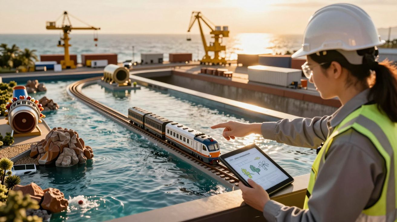 Pessoa com colete e capacete usa tablet ao lado de maquete com comboio e água. Guindastes ao fundo.