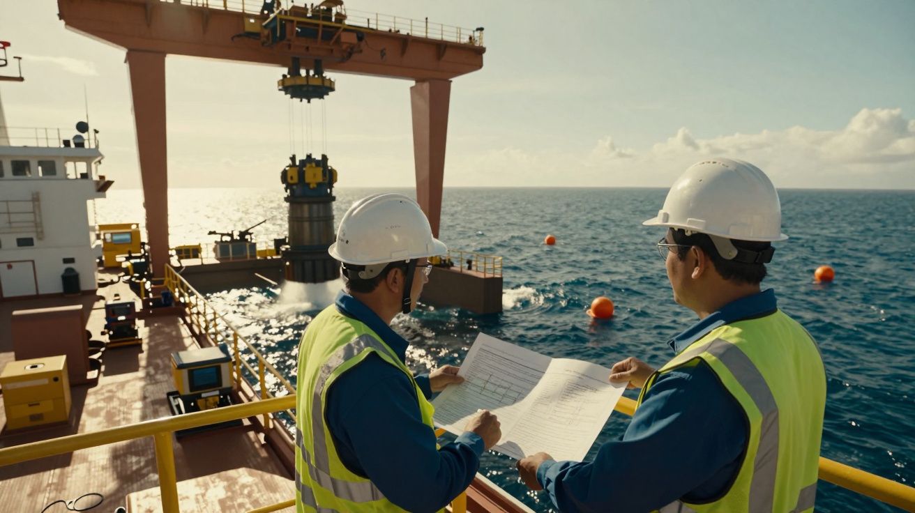 Dois trabalhadores verificam planos junto a guindaste numa plataforma marítima, com céu azul e boias no mar ao fundo.