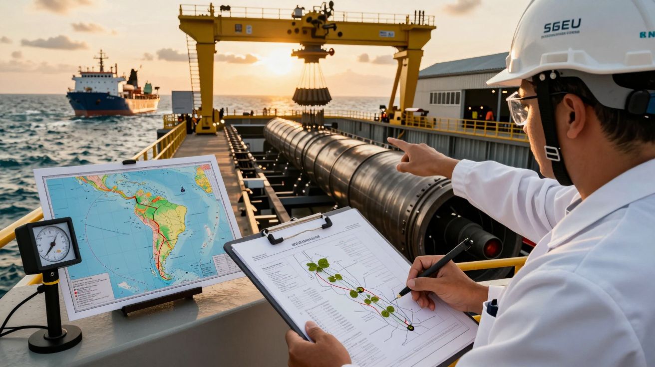 Engenheiro com capacete aponta para o mar numa plataforma, com mapa e documentos, barco ao fundo ao pôr do sol.