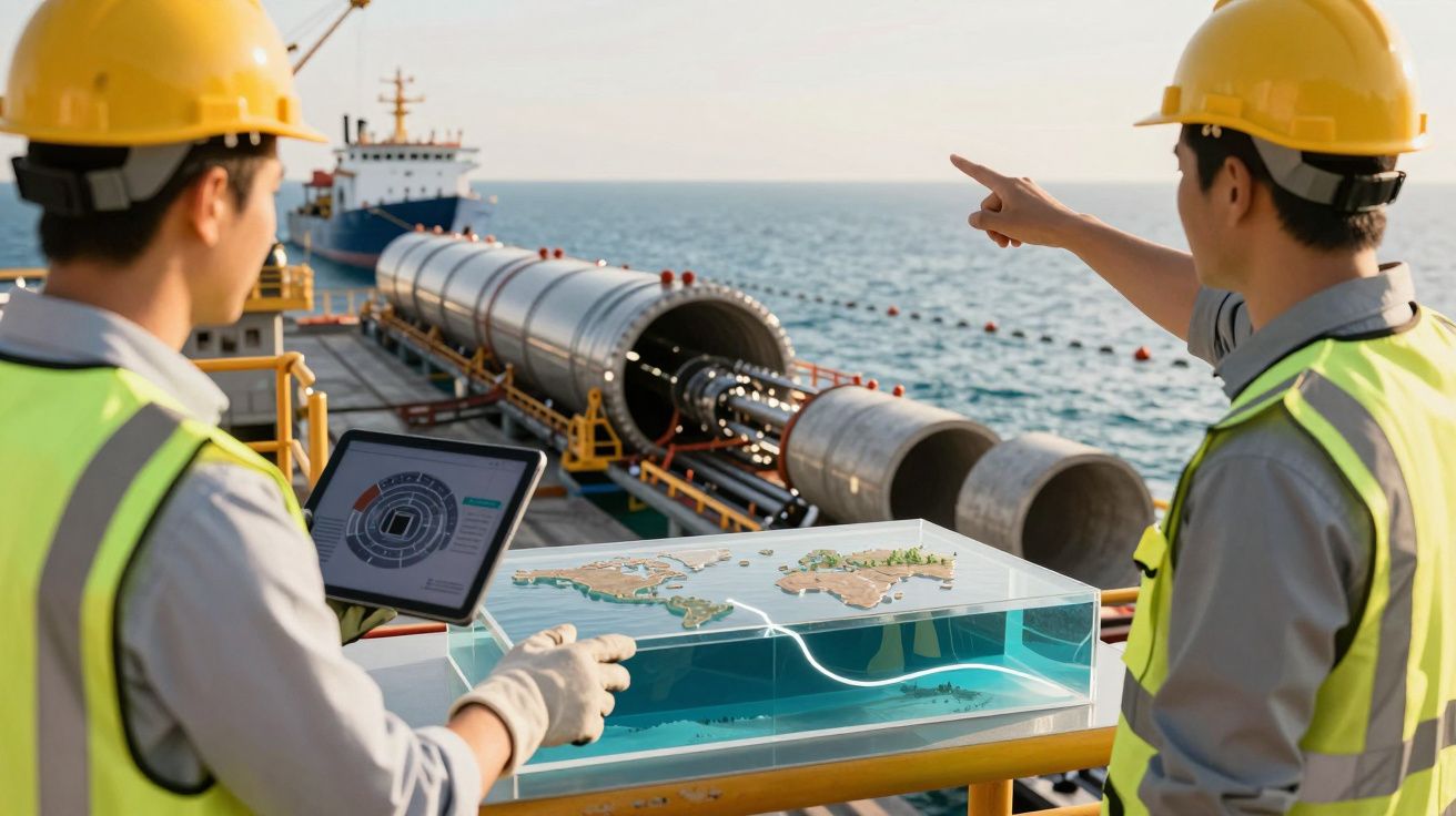 Dois engenheiros com capacetes observam navio e tubos no mar, um deles aponta, outro segura tablet e maquete à frente.