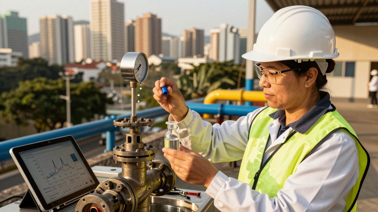 Engenheira analisa amostra de água em local industrial com medidores e computador, usando capacete e colete de segurança.