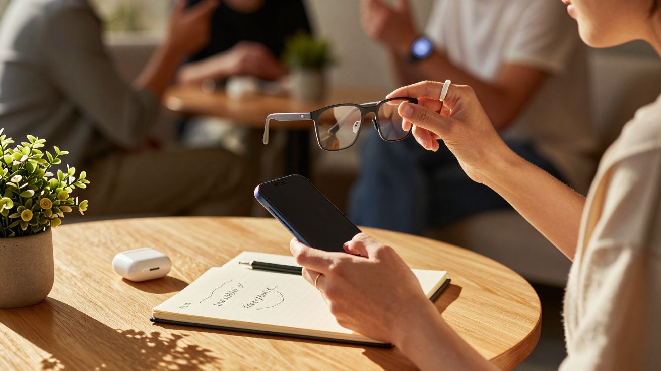 Pessoa segurando óculos e telemóvel, com caderno e vaso em mesa de madeira. Pessoas desfocadas ao fundo.