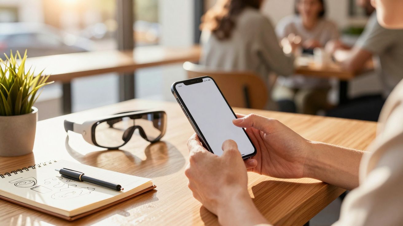Pessoa segurando smartphone numa mesa com óculos VR, caderno, caneta e planta, num café com fundo desfocado.