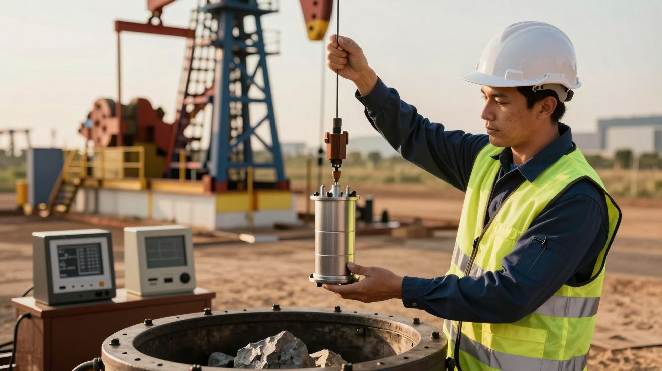 Homem com capacete e colete de segurança verifica cilindro próximo a equipamento de perfuração em campo aberto.