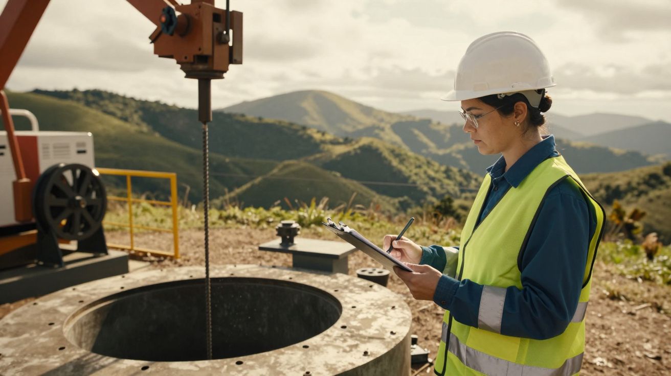 Mulher de capacete e colete reflectivo, escreve num bloco de notas junto a maquinaria de perfuração, montanhas ao fundo.